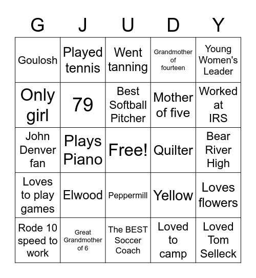 'Grandma Judy' Memory Bingo Card