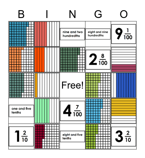 Decimals and Fraction Review Bingo Card