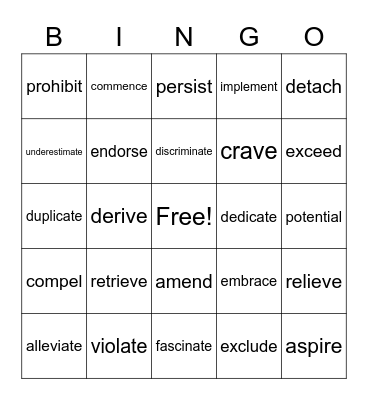 A2 vocabulary Bingo Card