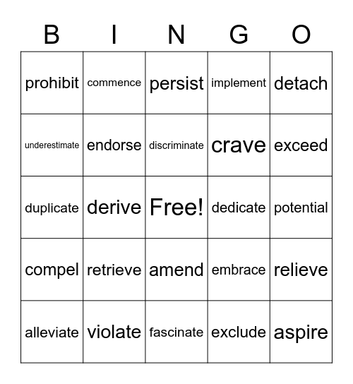 A2 vocabulary Bingo Card