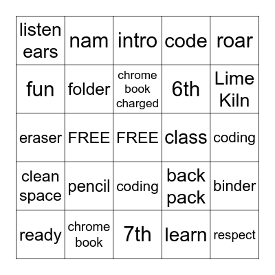 classroom bingo Card