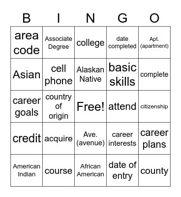 Vocabulary Bingo Card