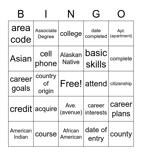 Vocabulary Bingo Card