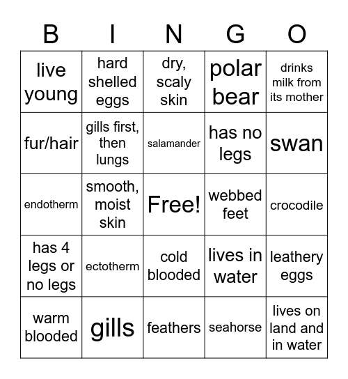 Vertebrate Bingo Card