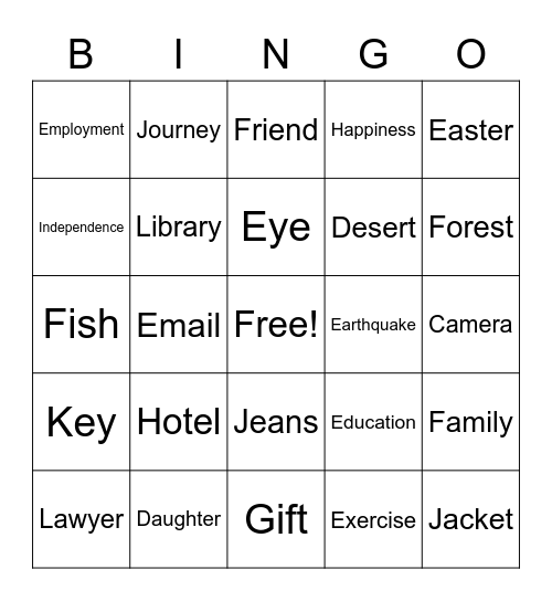 A2 Vocabulary Bingo Card