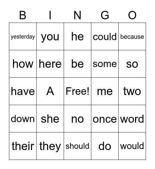 Tricky Word Bingo Card