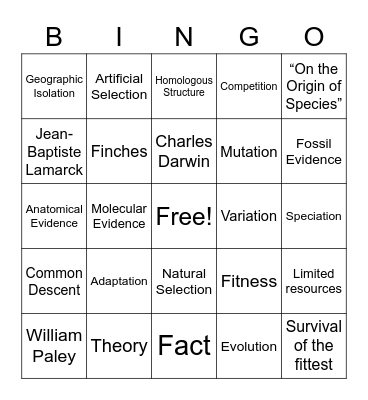BHS Evolution Bingo Card