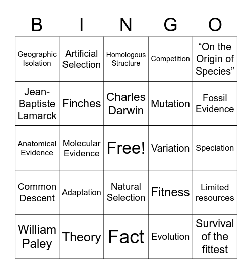 BHS Evolution Bingo Card