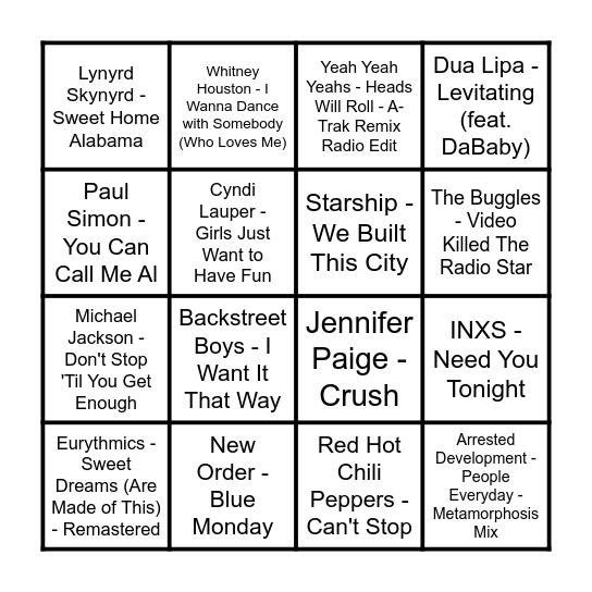 Prince Music Bingo - #1 Bingo Card