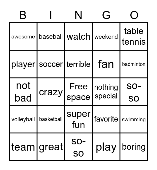 Sports BINGO Card