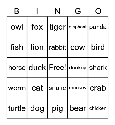 Animals Bingo Card