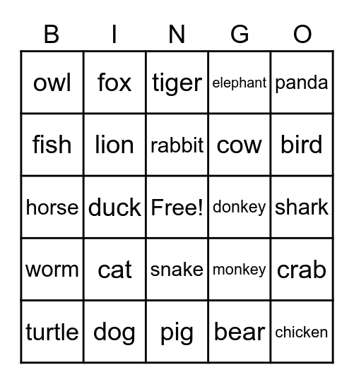 Animals Bingo Card