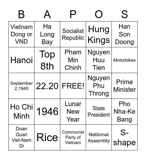 BAPS 2 GOES TO VIETNAM Bingo Card