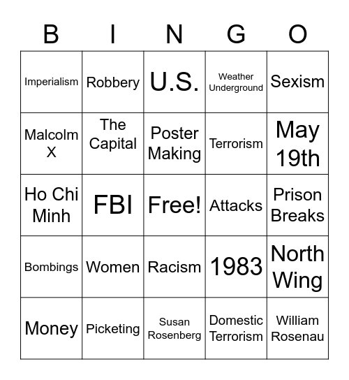 M-19: 1st Female Terrorist Group Bingo Card