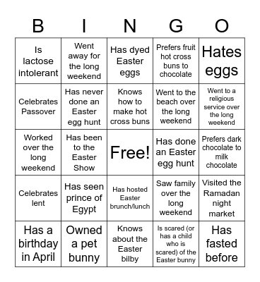 Long Weekend Bingo Card