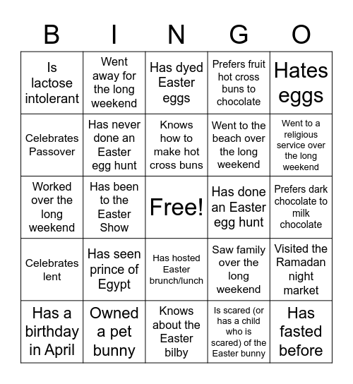 Long Weekend Bingo Card