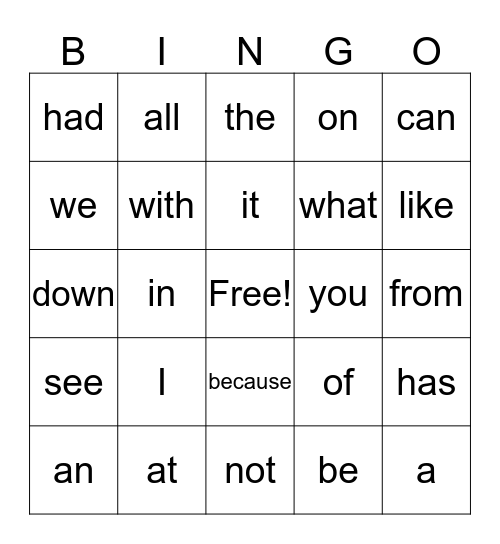 Sight Word Bingo Card