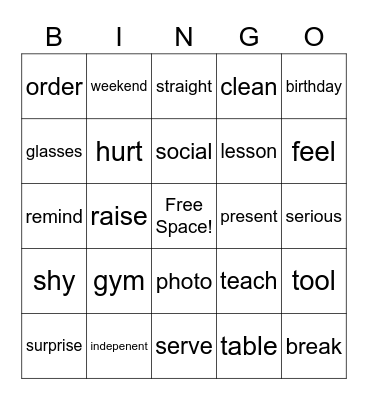Vocab Bingo Card