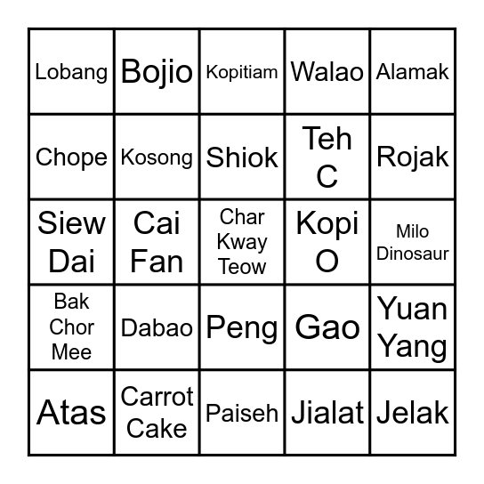 Singlish 101 Bingo Card