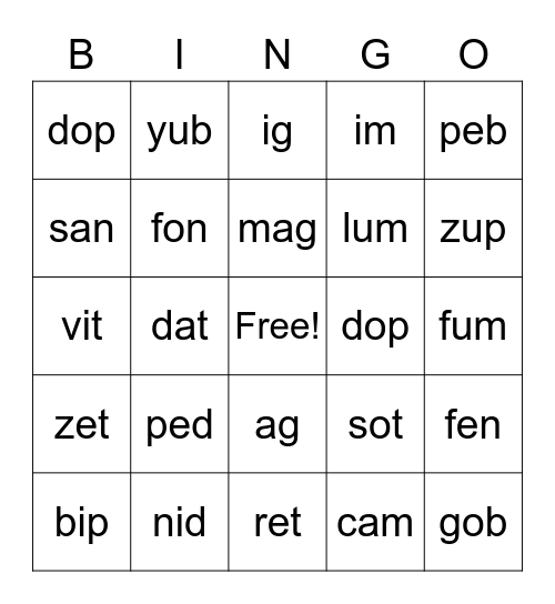 CVC + VC Nonsense BINGO 2 Bingo Card