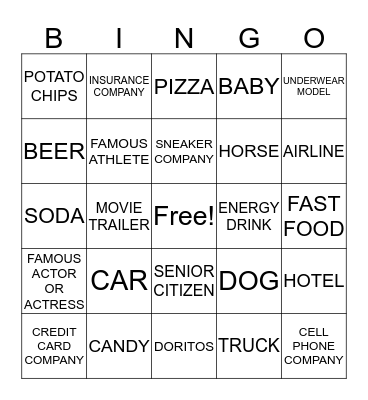 SUPER BOWL COMMERCIALS Bingo Card