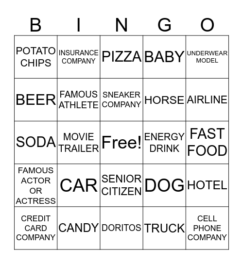 SUPER BOWL COMMERCIALS Bingo Card