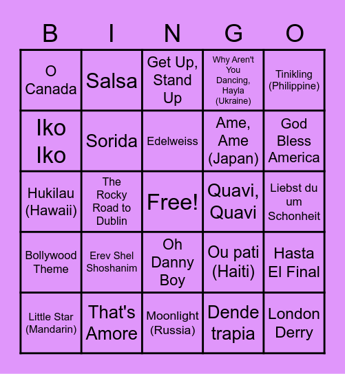 Multi-cultural Awareness Themed Music Bingo Card