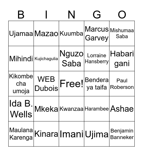 Kwanzaa 2015 Bingo Card