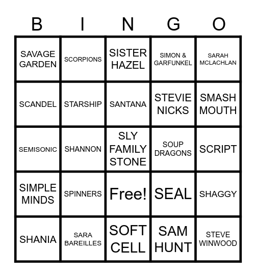 ARTIST BEGIN WITH “S” Bingo Card