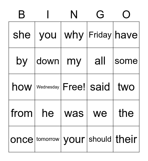 Tricky Words Bingo Card