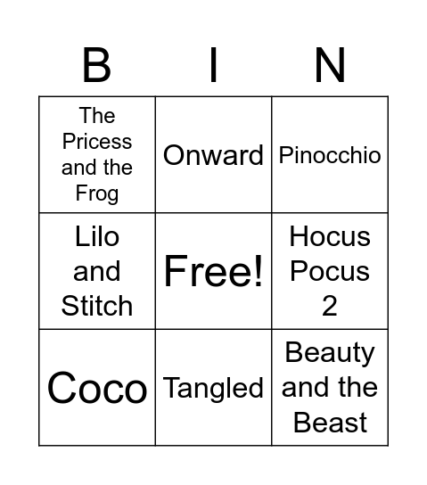 Disney Bingo Card