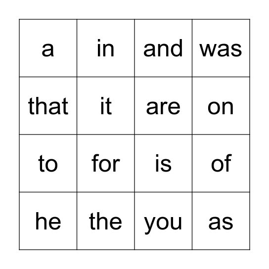 Most Common Words - Kindergarten! Bingo Card