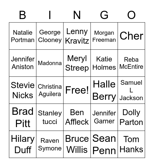 Celebrity Bingo Card