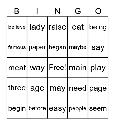 Long A and E High Frequency Bingo Card