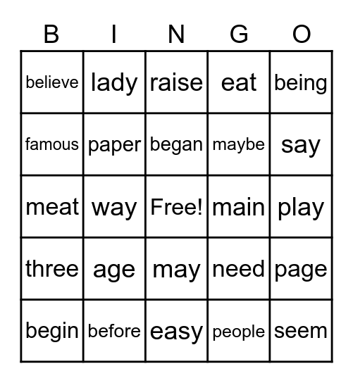 Long A and E High Frequency Bingo Card
