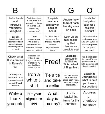 Work Study Bingo Card