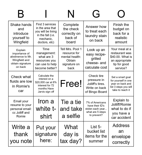 Work Study Bingo Card