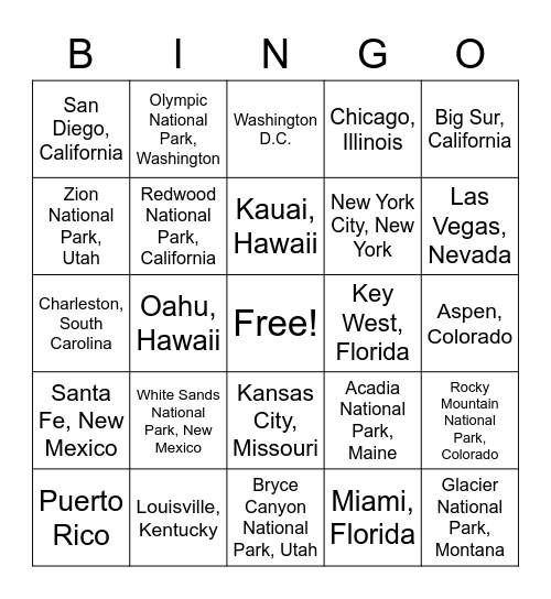Top Vacations in the US Bingo Card
