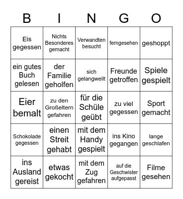 Was hast du in den Ferien gemacht? Bingo Card