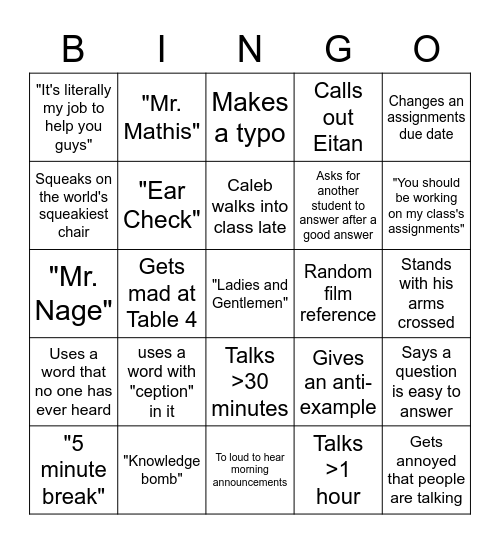 Yost Bingo Card