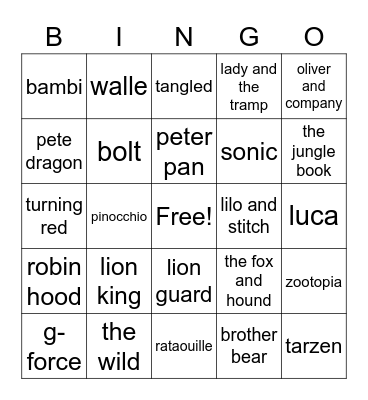 animal disney movie Bingo Card