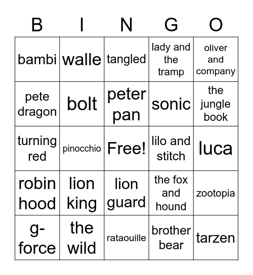 animal disney movie Bingo Card