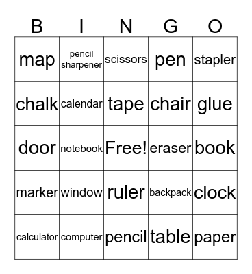 School Bingo Card