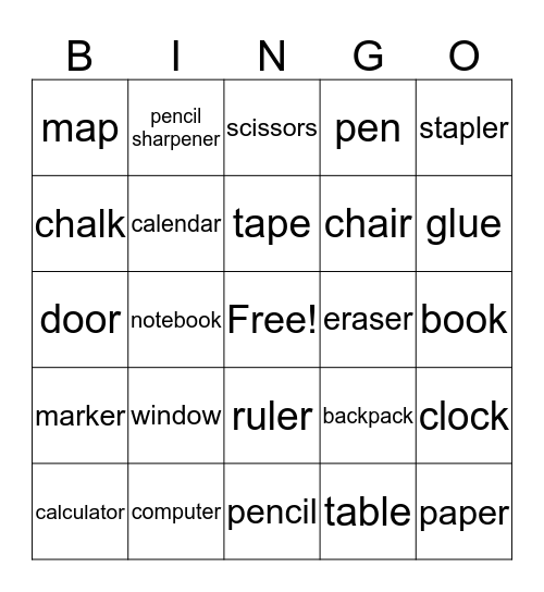 School Bingo Card