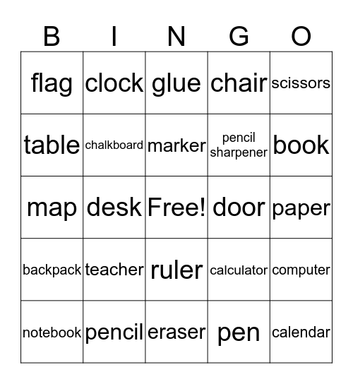 School Bingo Card