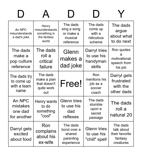 Dungeons and Daddies Bingo Card