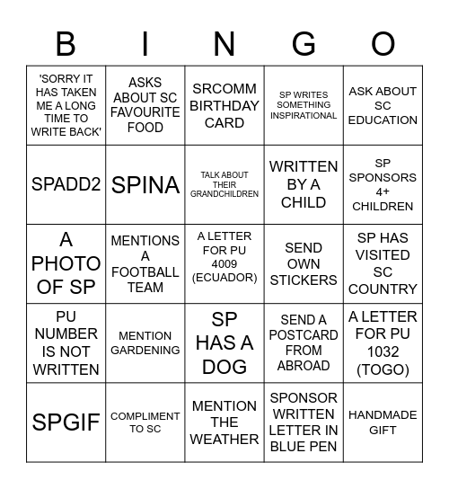 SPONSOR COMMS BINGO Card