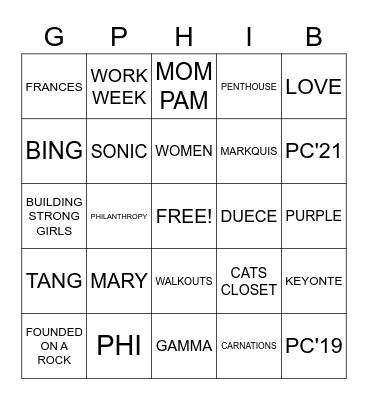 GAMMA PHI BINGO! Bingo Card