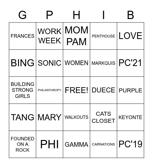 GAMMA PHI BINGO! Bingo Card
