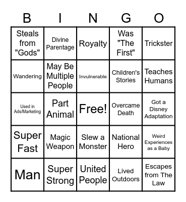 Mythic Figures Bingo Card